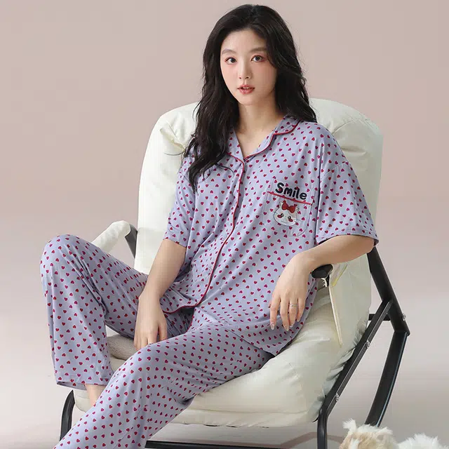 芬腾可安 气质家居服带胸垫一体式短袖长裤甜美大学生宿舍外出都可穿细腻舒适柔软亲肤睡衣套装 女款