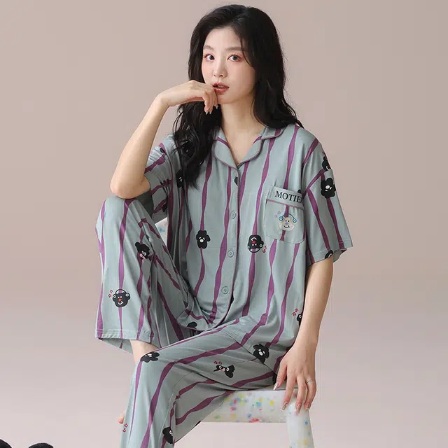 芬腾可安 气质家居服甜美带胸垫一体式短袖长裤大学生外出宿舍都可穿细腻舒适柔软亲肤睡衣套装 女款