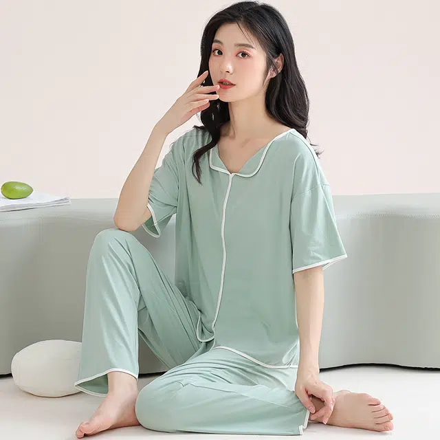芬腾可安 家居服气质带胸垫休闲一体式短袖长裤甜美细腻舒适亲肤柔软大学生宿舍外出都可穿睡衣套装 女款