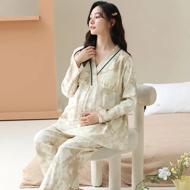 芬腾可安 外出可穿柔软舒适春秋自带杯垫松紧裤腰哺乳期可穿月子家居服睡衣套装 女款