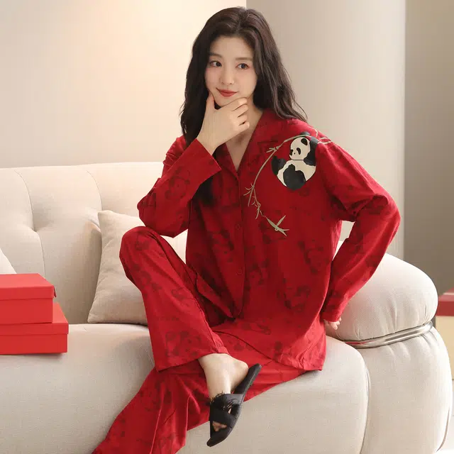 芬腾可安 春秋季本命年经典轻盈简约舒适喜庆开衫设计感情侣款家居服睡衣套装 女款