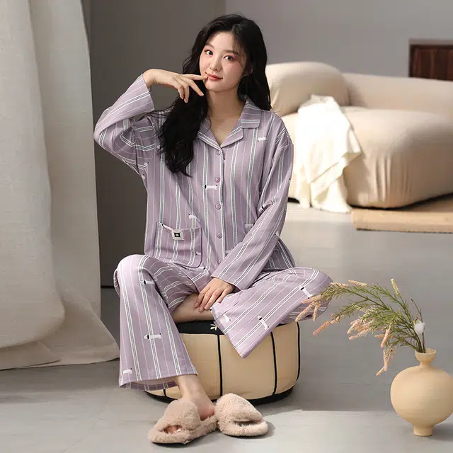 芬腾可安 秋冬季纯棉带固定杯垫一体式柔软开衫舒适家居服睡衣套装 女款