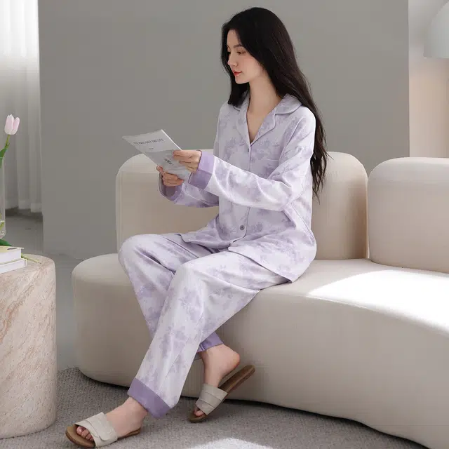芬腾可安 纯棉简约显瘦春秋时尚亲肤翻领休闲宽松开衫少女舒适家居服睡衣套装 女款