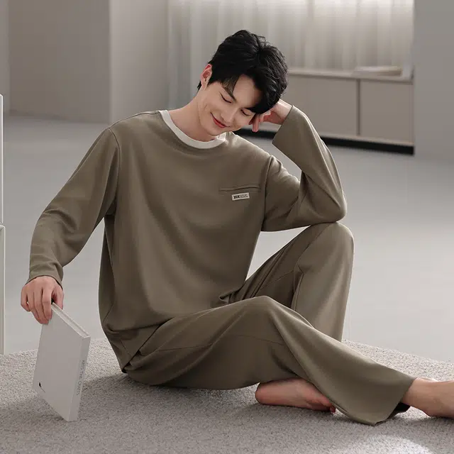 芬腾可安 秋冬外出可穿的纯棉经典长袖加大码数家居服睡衣套装 男款