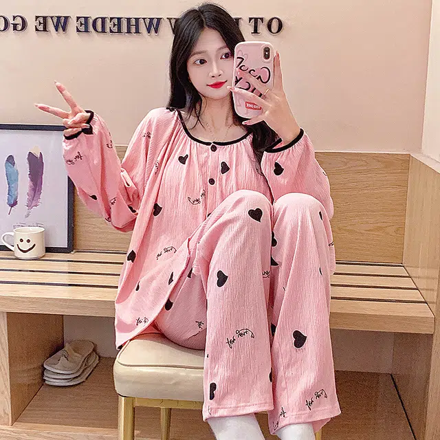 芬腾可安 可外穿的春秋杯垫一体休闲舒适少女亲肤简约家居服睡衣套装 女款