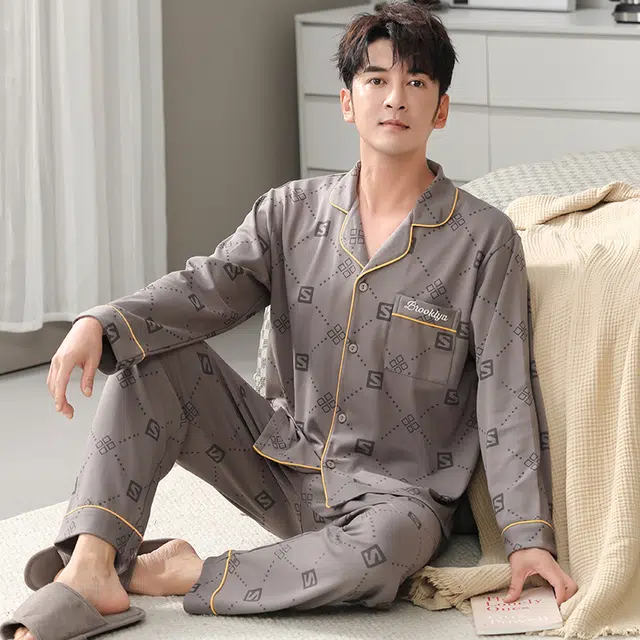 芬腾可安 春秋季家居服翻领显瘦简约经典外出可穿睡衣套装 男款