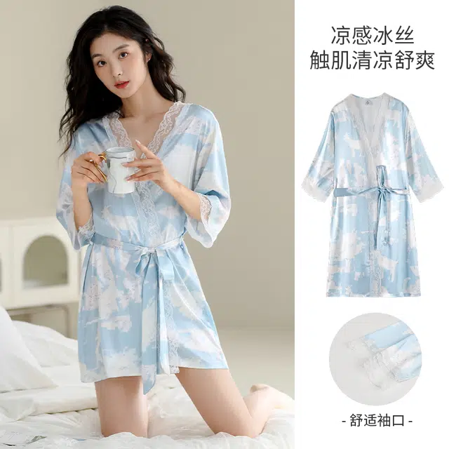 芬腾可安 柔软细腻亲肤透气顺滑丝绸凉爽家居服睡袍/浴袍 女款