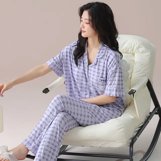 芬腾可安 气质家居服带胸垫一体式短袖长裤甜美柔软亲肤舒适细腻大学生宿舍外出都可穿睡衣套装 女款