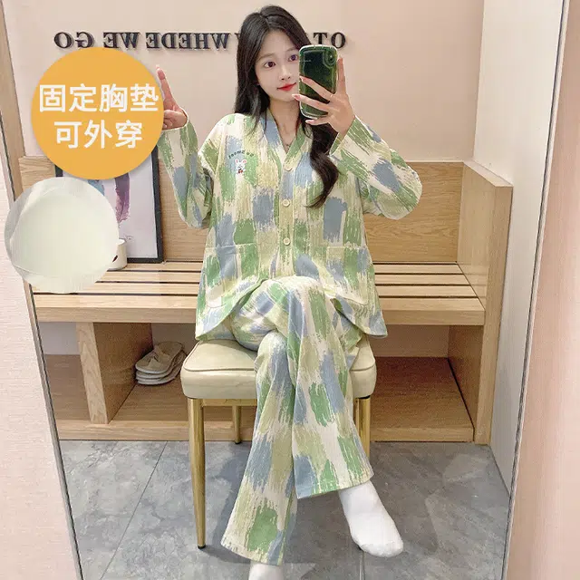 芬腾可安 春秋亲肤可外穿和服领带胸垫一体式开衫家居服睡衣套装 女款