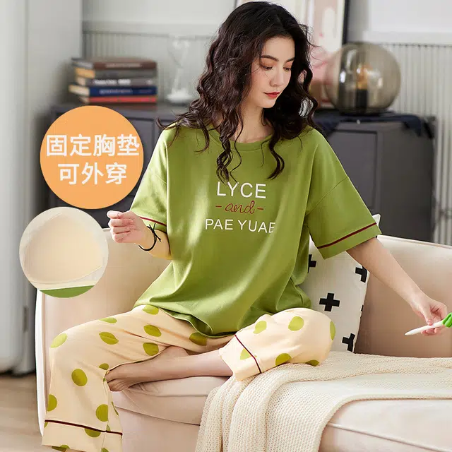 芬腾可安 外出可穿的家居服休闲宽松舒适透气微弹浅色系显瘦时尚韩版带胸垫一体式短袖七分裤两件装睡衣套装 女款