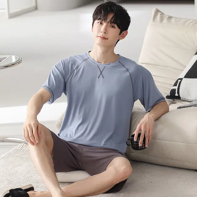 芬腾可安 可外穿的家居服显瘦青春大学生轻盈休闲细腻遮肉个性圆领宽松舒适短袖五分裤春夏季睡衣套装 男款