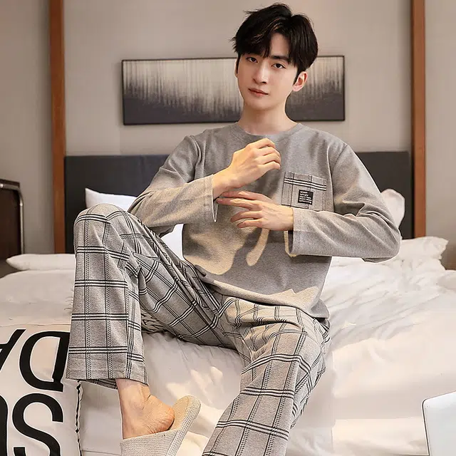 芬腾可安 春秋季大码气质舒适亲肤柔软少年感透气简约家居服睡衣套装 男款