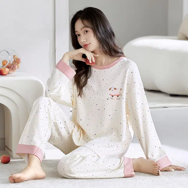 芬腾可安 春秋季简约纯棉设计感显瘦宽松遮肉少女感家居服睡衣套装 女款