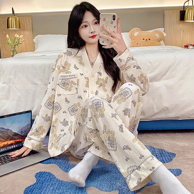 芬腾可安 春秋亲肤可外穿带胸垫和服领开衫一体式家居服睡衣套装 女款