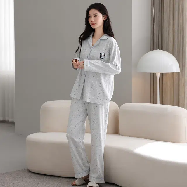 芬腾可安 纯棉简约显瘦亲肤翻领舒适开衫少女时尚休闲春秋宽松家居服睡衣套装 女款