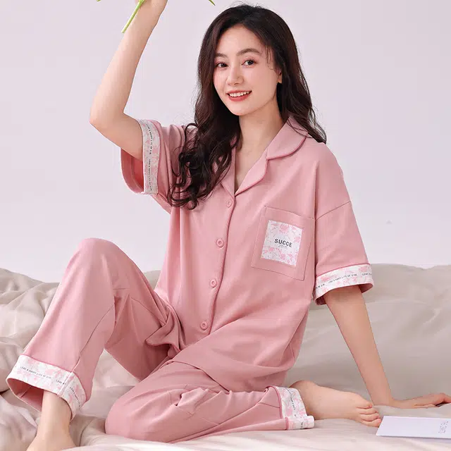 芬腾可安 外出可穿宽松休闲遮肉舒适柔软时尚韩版亲肤细腻翻领显瘦短袖长裤家居服春夏季睡衣套装 女款