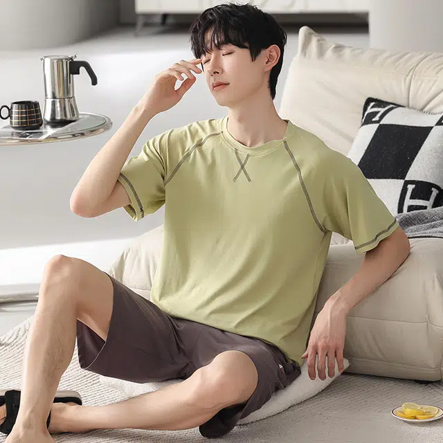 芬腾可安 可外穿的家居服显瘦青春大学生轻盈休闲细腻遮肉舒适圆领宽松短袖五分裤春夏季睡衣套装 男款