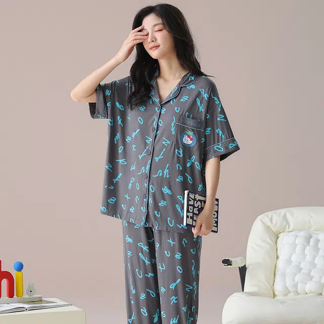 芬腾可安 气质家居服甜美带胸垫一体式短袖长裤细腻舒适柔软亲肤大学生外出宿舍都可穿睡衣套装 女款