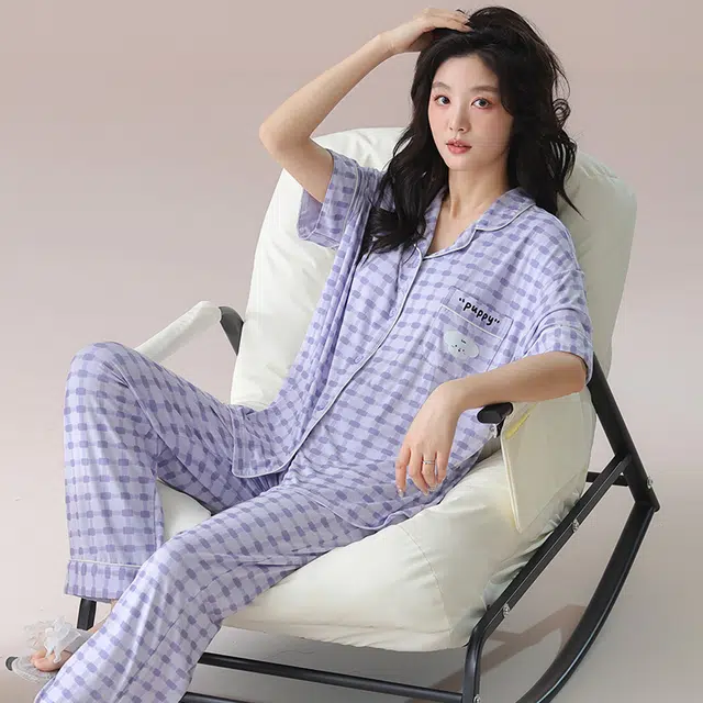 芬腾可安 气质家居服带胸垫一体式短袖长裤甜美柔软亲肤舒适细腻大学生宿舍外出都可穿睡衣套装 女款