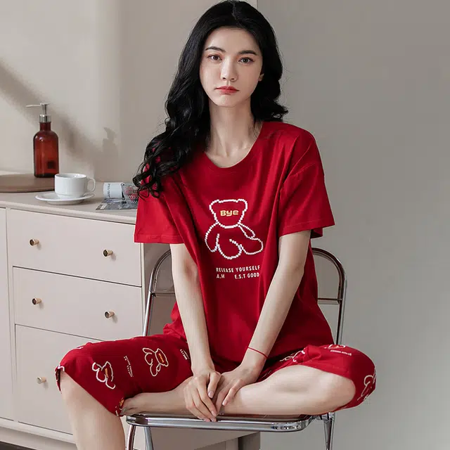 芬腾可安 休闲纯棉带胸垫设计感透气宿舍可穿简约舒适活力气质甜美轻盈青春亲肤家居服春夏季睡衣套装 女款
