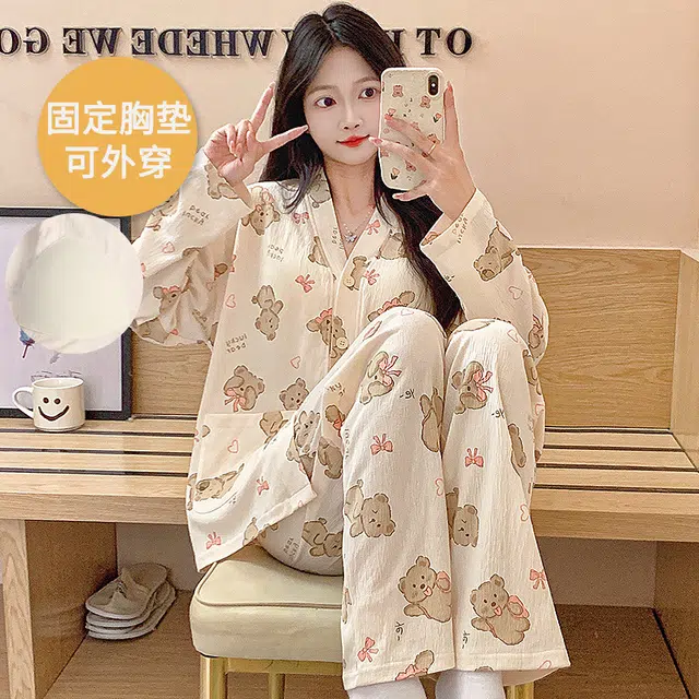 芬腾可安 春秋亲肤可外穿一体式带胸垫和服领开衫家居服睡衣套装 女款