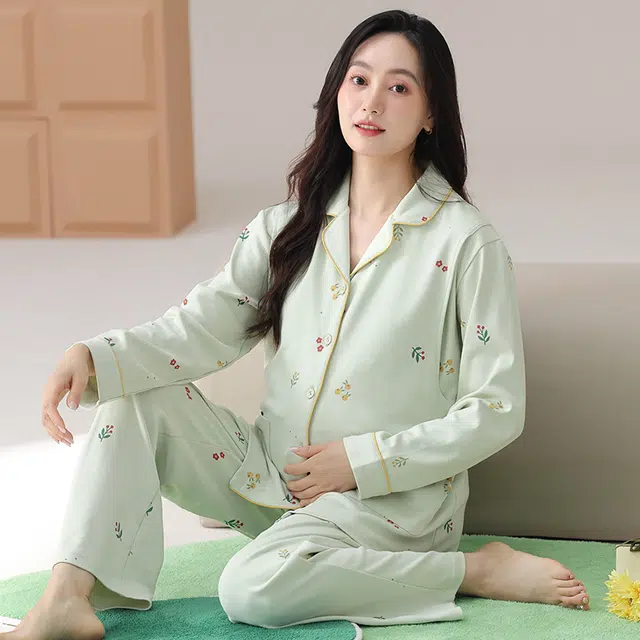 芬腾可安 纯棉外出可穿优雅宽松显瘦带胸垫长袖长裤孕期哺乳期都可穿的月子可调节腰带家居服春秋季睡衣套装 女款