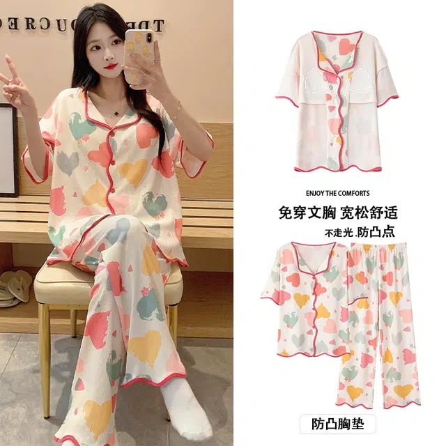 芬腾可安 春夏秋季带胸垫家居服透气亲肤舒适休闲睡衣套装 女款
