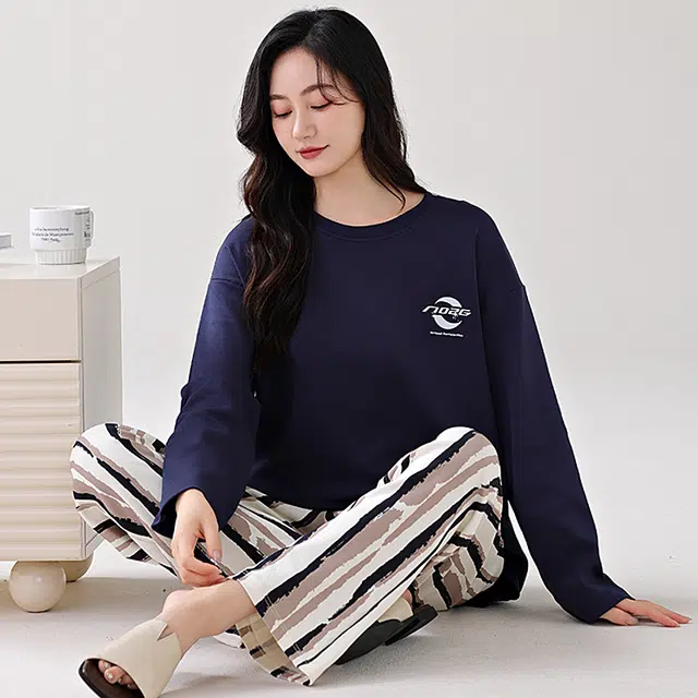 芬腾可安 轻熟风家居服纯棉韩版经典简约带固定胸垫一体式亲肤柔软遮肉外出可穿长袖长裤秋冬季睡衣套装 女款