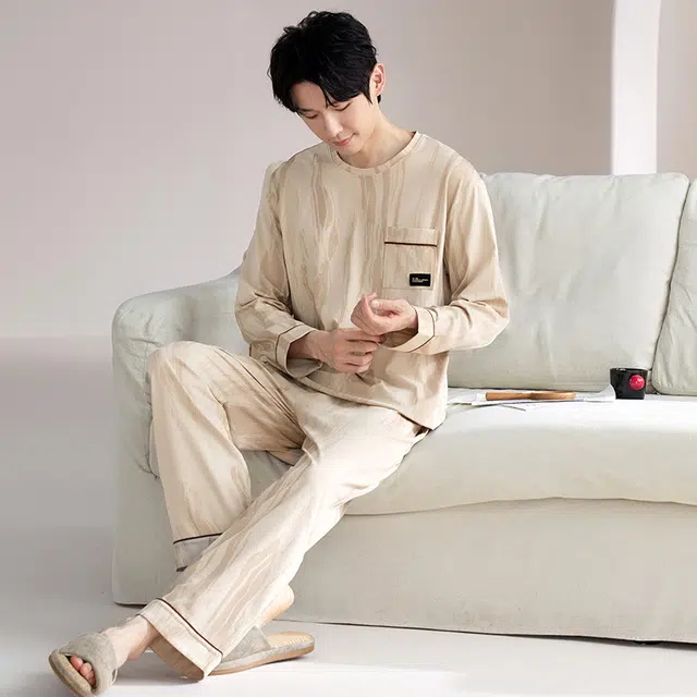 芬腾可安 外出可穿的纯棉透气宽松春秋柔软舒适亲肤简约家居服睡衣套装 男款