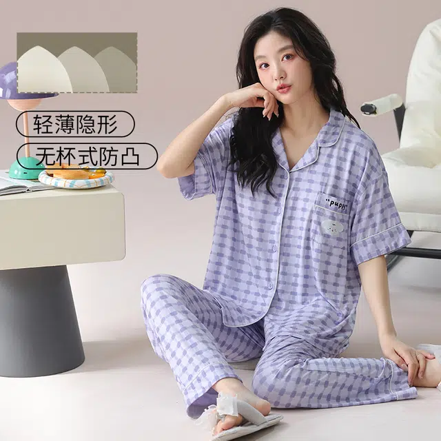 芬腾可安 气质家居服带胸垫一体式短袖长裤甜美柔软亲肤舒适细腻大学生宿舍外出都可穿睡衣套装 女款