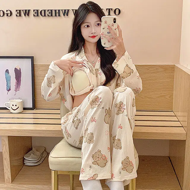 芬腾可安 春秋亲肤可外穿一体式带胸垫和服领开衫家居服睡衣套装 女款