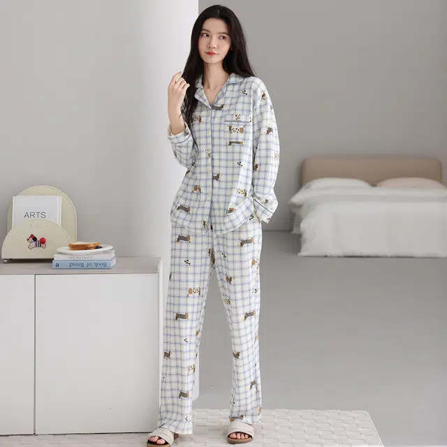 芬腾可安 纯棉简约显瘦亲肤翻领舒适开衫少女春秋时尚休闲宽松家居服睡衣套装 女款