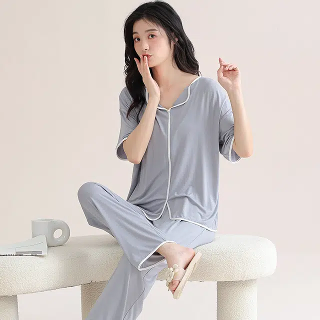 芬腾可安 舒适柔软气质家居服带胸垫休闲一体式短袖长裤甜美细腻大学生亲肤宿舍外出都可穿睡衣套装 女款