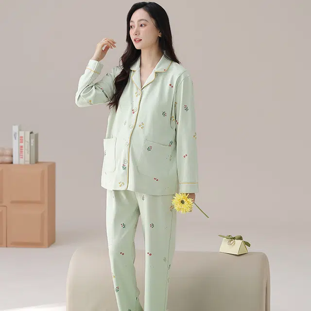 芬腾可安 纯棉外出可穿优雅宽松显瘦带胸垫长袖长裤孕期哺乳期都可穿的月子可调节腰带家居服春秋季睡衣套装 女款