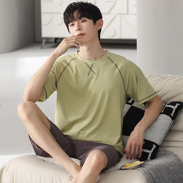 芬腾可安 可外穿的家居服显瘦青春大学生轻盈休闲细腻遮肉舒适圆领宽松短袖五分裤春夏季睡衣套装 男款