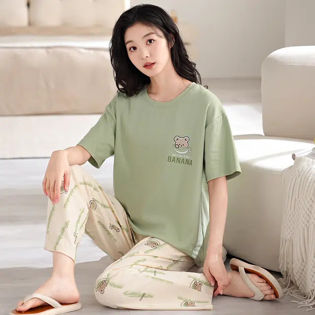 芬腾可安 外出可穿韩版休闲圆领慵懒感舒适带胸垫细腻家居服短袖长裤春夏季睡衣套装 女款