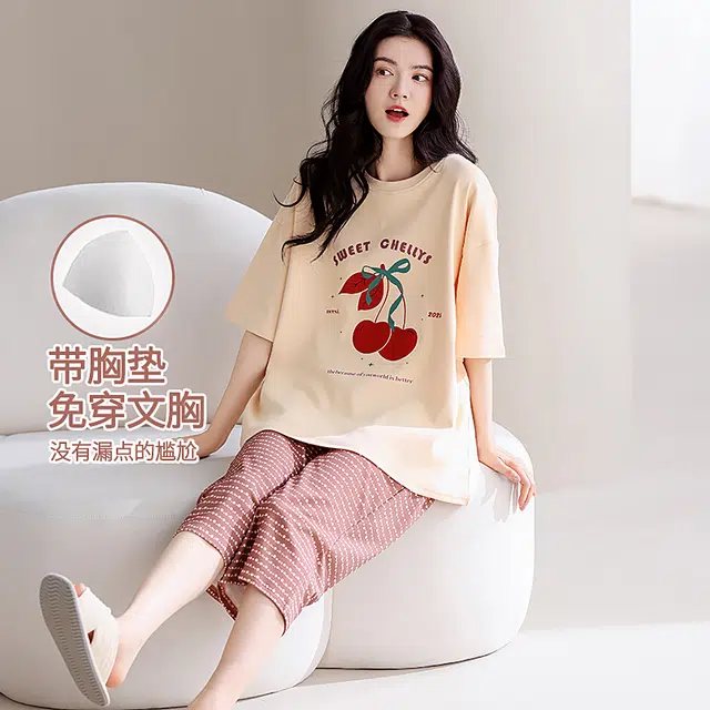 芬腾可安 家居服带胸垫一体式甜美透气简约宿舍外出可穿轻熟风亲肤柔软短袖七分裤睡衣套装 女款