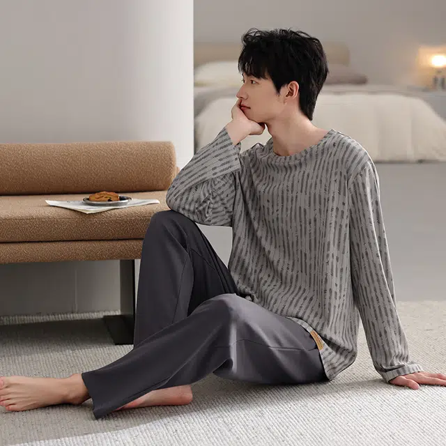 芬腾可安 秋冬外出可穿的经典纯棉长袖简约加大码数家居服睡衣套装 男款