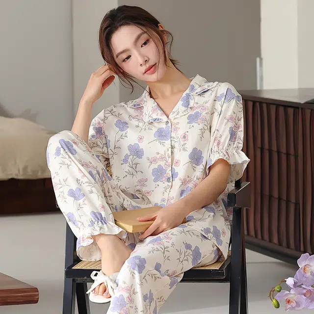 芬腾可安 休闲简约高级感个性翻领开衫舒适柔软细腻短袖长裤家居服可外穿女士睡衣套装 女款