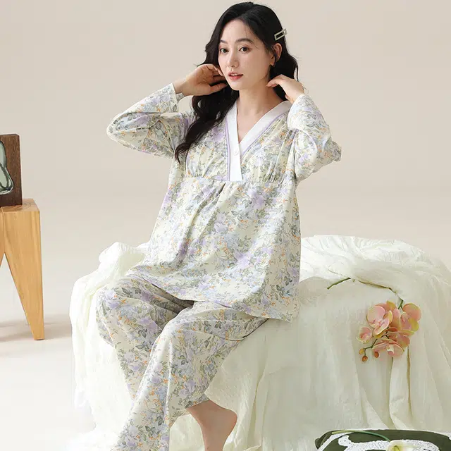 芬腾可安 外出可穿柔软舒适自带杯垫春秋哺乳期可穿月子家居服睡衣套装 女款