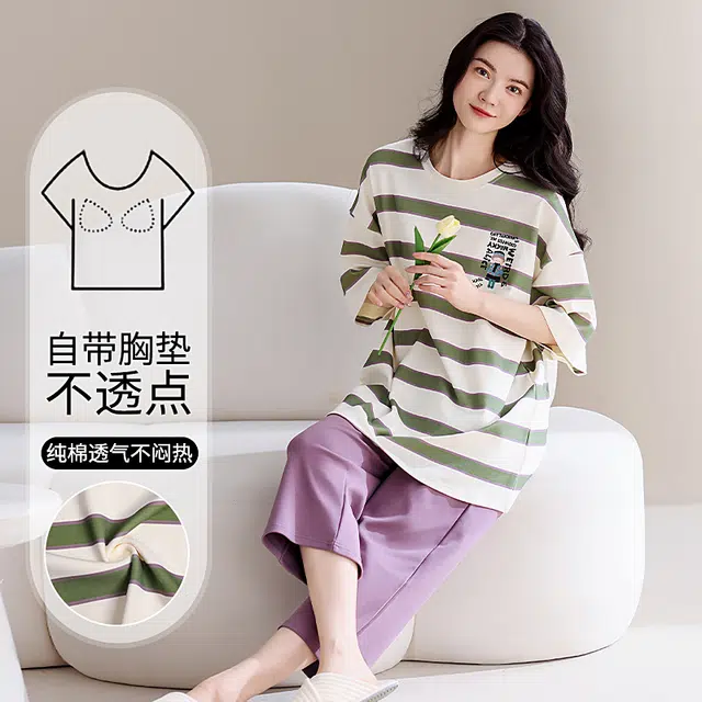 芬腾可安 家居服大学生带胸垫一体式甜美透气简约宿舍外出可穿亲肤轻熟风柔软短袖七分裤睡衣套装 女款