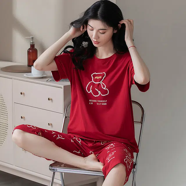 芬腾可安 休闲纯棉带胸垫设计感透气宿舍可穿简约舒适活力气质甜美轻盈青春亲肤家居服春夏季睡衣套装 女款
