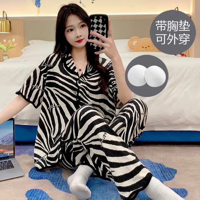 芬腾可安 亲肤休闲舒适春夏秋季带胸垫家居服透气睡衣套装 女款