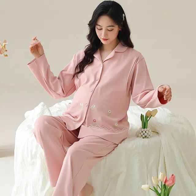 芬腾可安 纯棉外出可穿带胸垫孕期哺乳期都可穿的月子家居服优雅宽松显瘦可调节腰带长袖长裤春秋季睡衣套装 女款