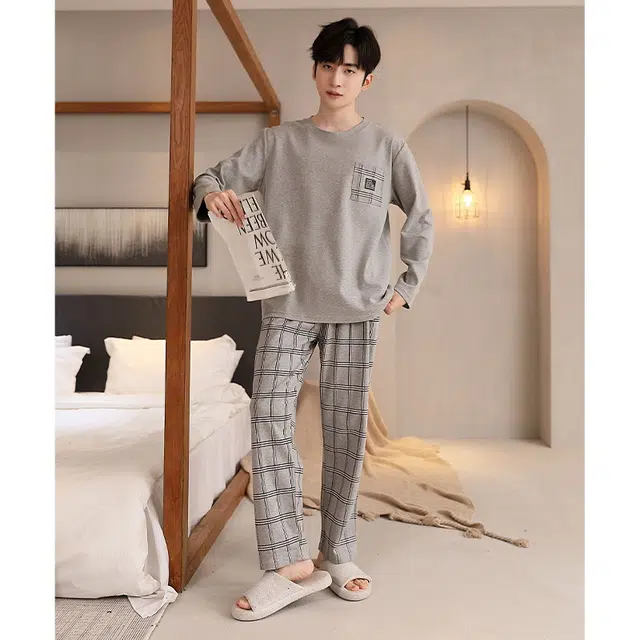 芬腾可安 春秋季大码气质舒适亲肤柔软少年感透气简约家居服睡衣套装 男款