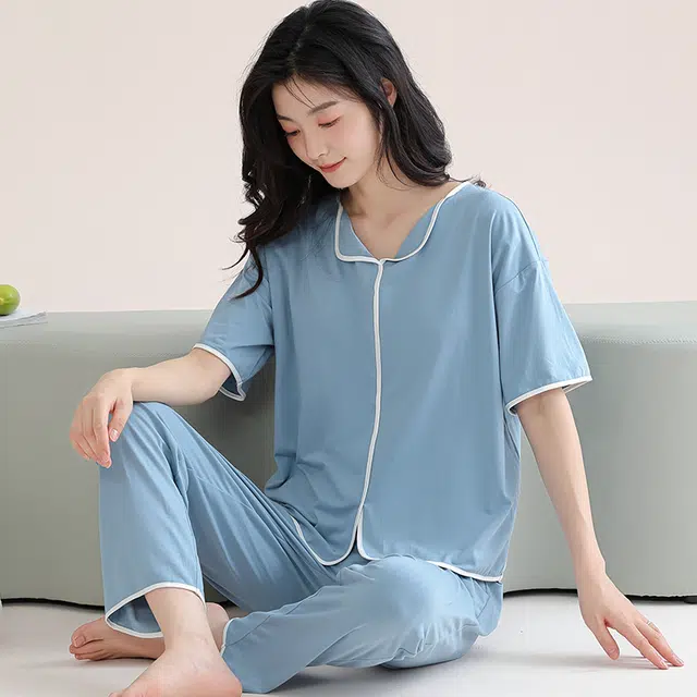 芬腾可安 细腻舒适柔软气质家居服带胸垫一体式短袖长裤甜美大学生亲肤宿舍外出都可穿睡衣套装 女款