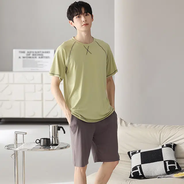 芬腾可安 可外穿的家居服显瘦青春大学生轻盈休闲细腻遮肉舒适圆领宽松短袖五分裤春夏季睡衣套装 男款