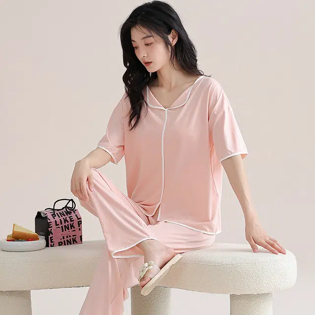 芬腾可安 细腻气质家居服带胸垫一体式短袖长裤甜美舒适柔软亲肤大学生宿舍外出都可穿睡衣套装 女款