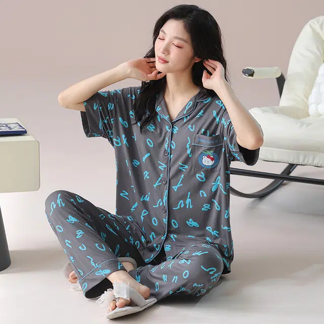 芬腾可安 气质家居服甜美带胸垫一体式短袖长裤细腻舒适柔软亲肤大学生外出宿舍都可穿睡衣套装 女款