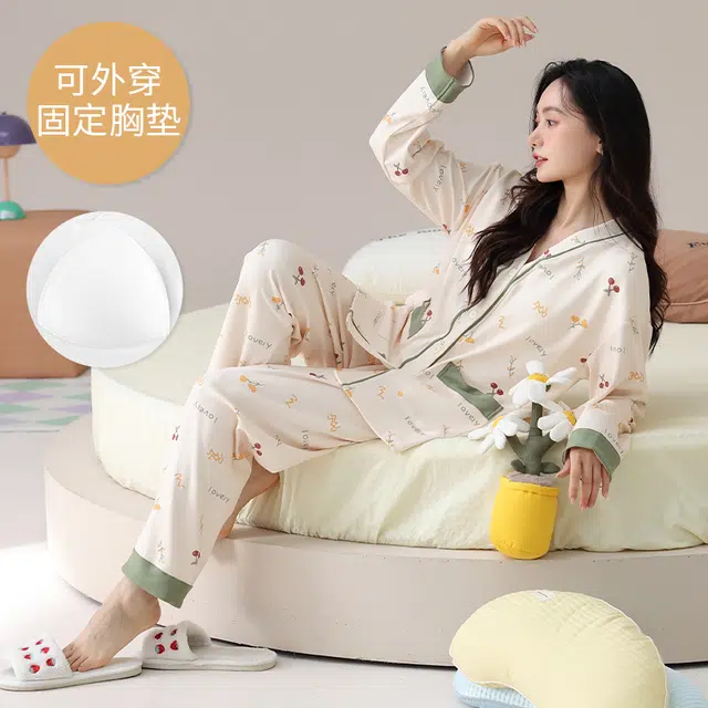芬腾可安 外出可穿春秋季简约宽松温柔设计感显瘦带胸垫大码少女感家居服睡衣套装 女款